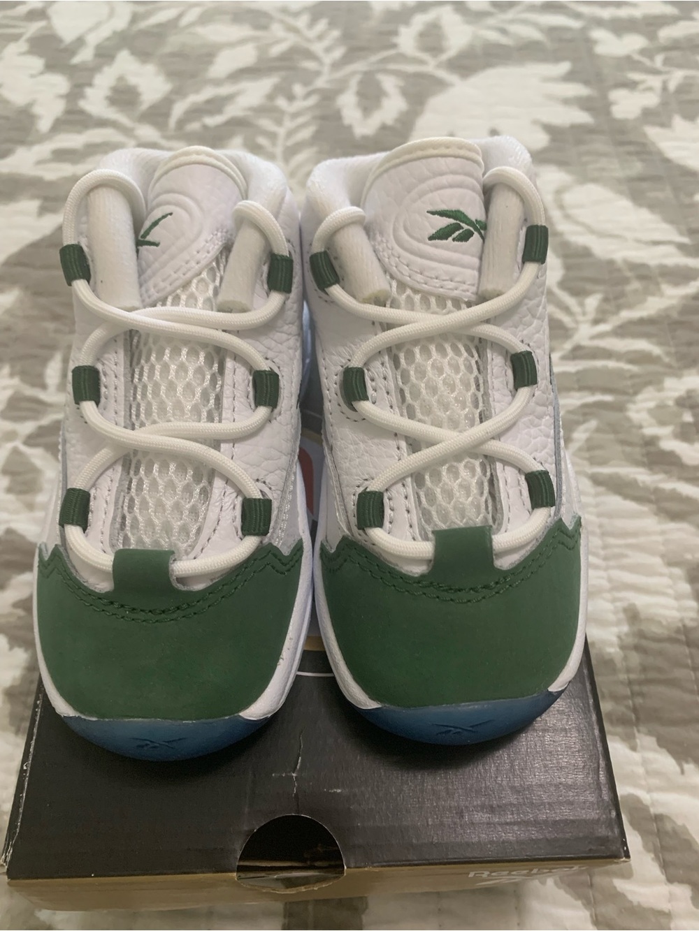 Reebok White and Green Kids Lace-Loop Sneakers